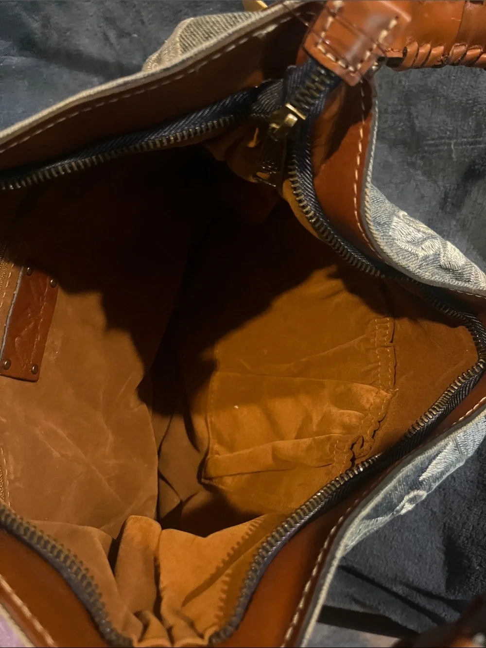 Patricia Nash Denim Floral Embroidered Bag with Brown Leather Strap